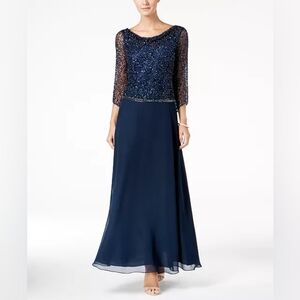 Jkara Sequin Cowl Neck Chiffon Gown Navy
